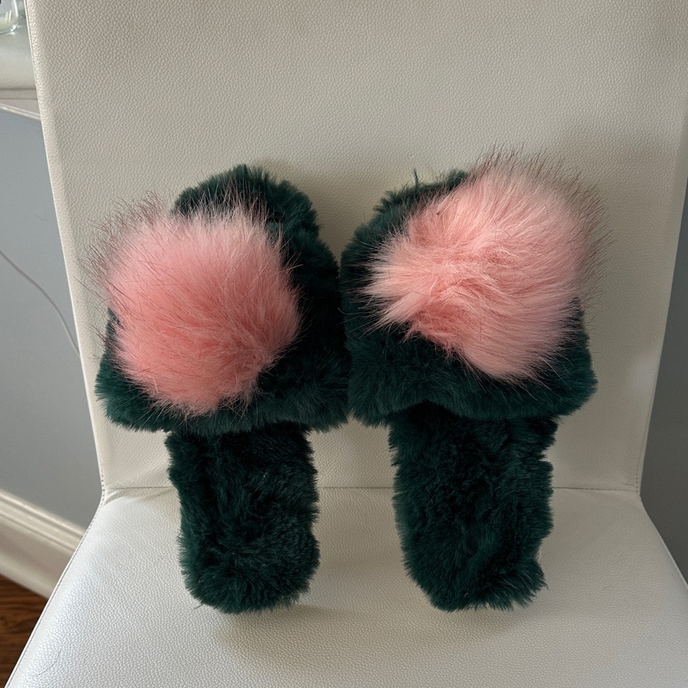 Green Fuzzy Slippers with Pink Pom Poms